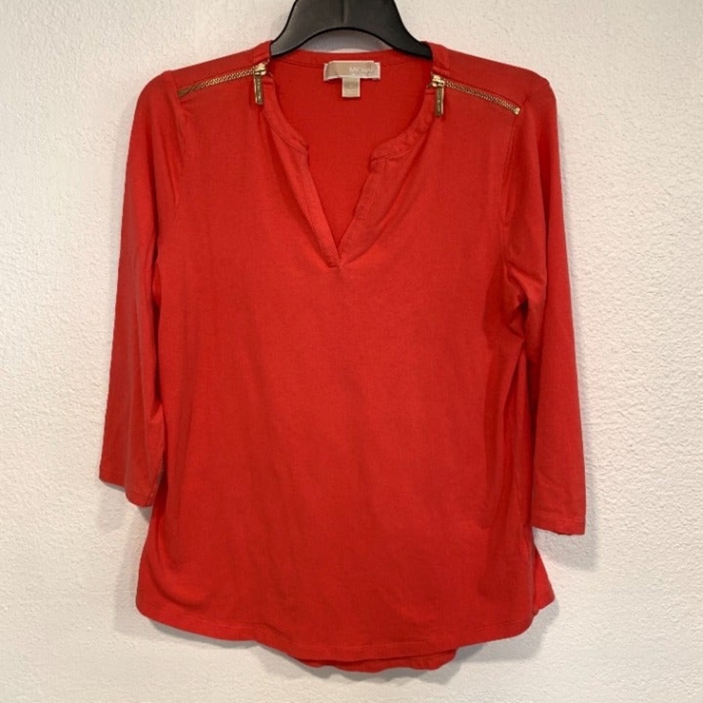 Michael Kors Coral Tunic Top Gold Zips at Shoulders Hi Lo Hem Size Medium
